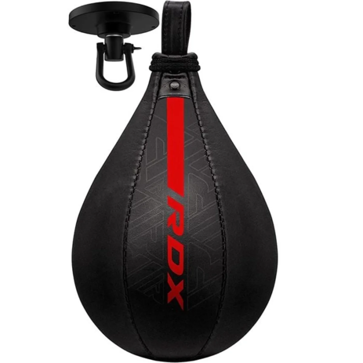 Black and red punching bag hanging. Red stripe with white RDX logo.