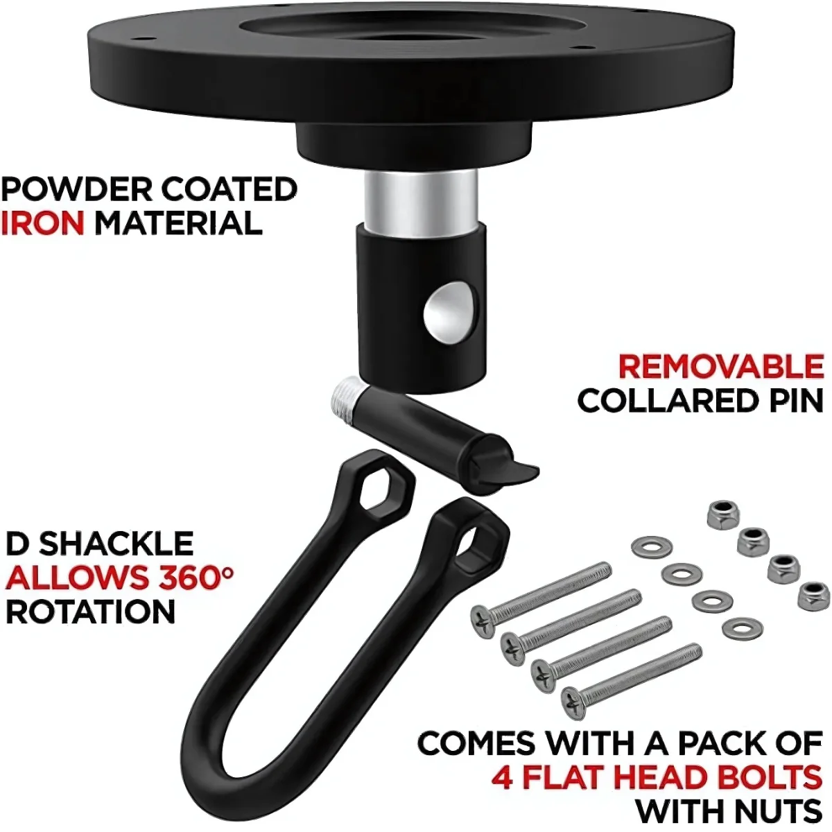 Black metal bracket with bolts, nuts, and a D-shackle with text describing parts.