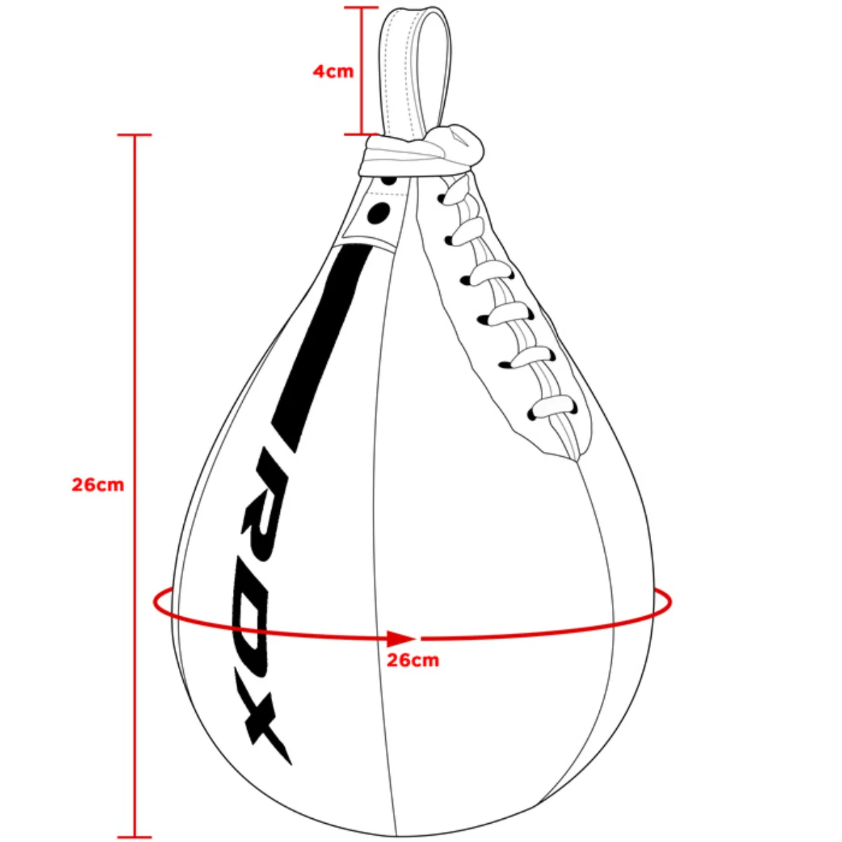 White and black teardrop-shaped punching bag with measurements.