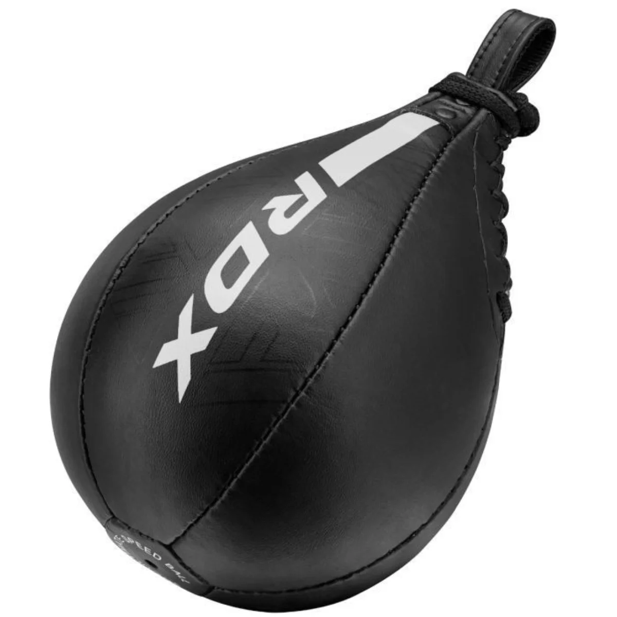 Black teardrop-shaped punching bag with white logo and hanging mechanism, against a white background.
