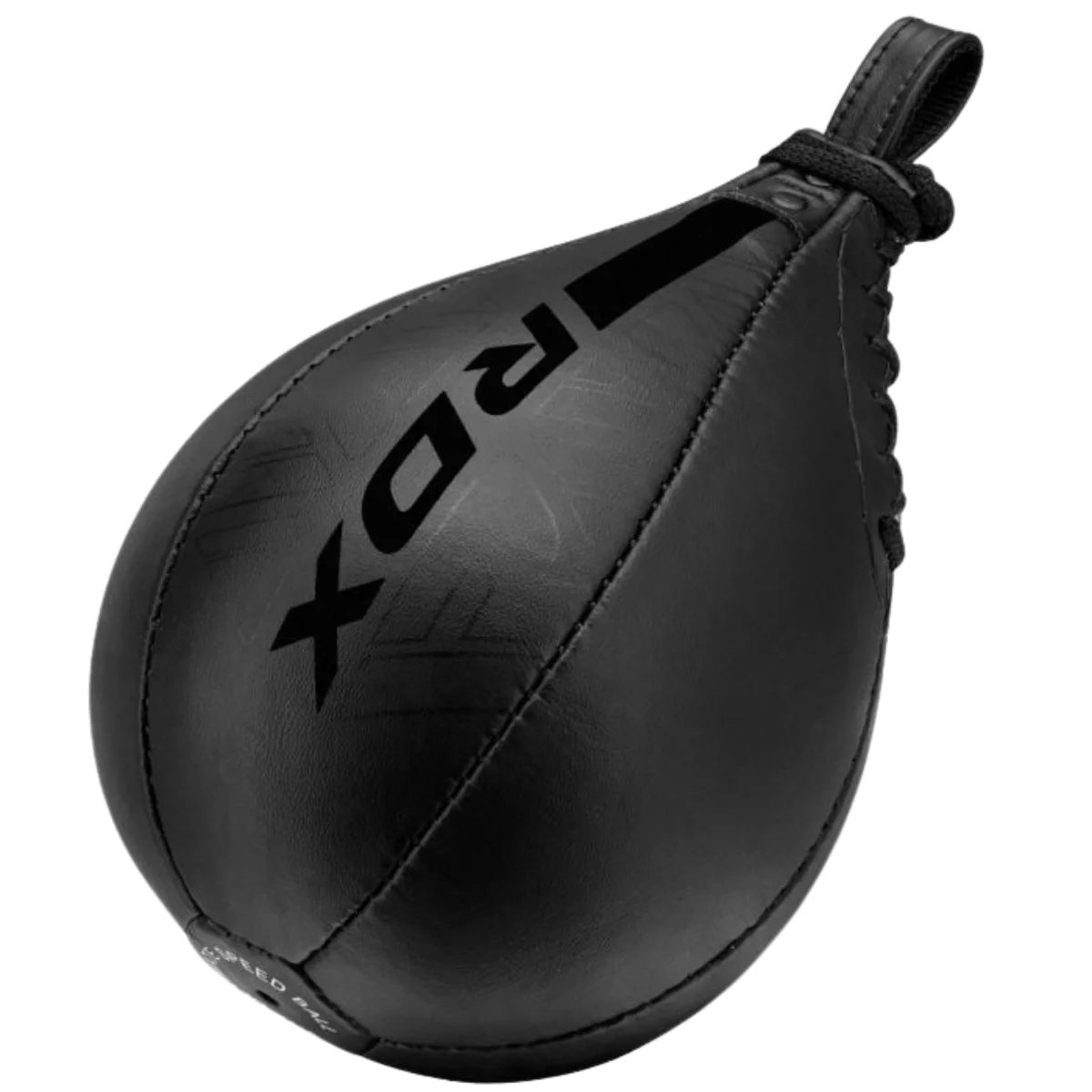 Black punching bag with the word RDX and a black handle, hanging by a string.