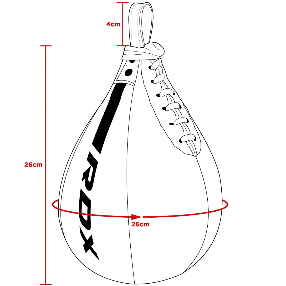 Black and white diagram of a teardrop-shaped punching bag with measurements. The bag has dimensions of 26cm x 26cm.