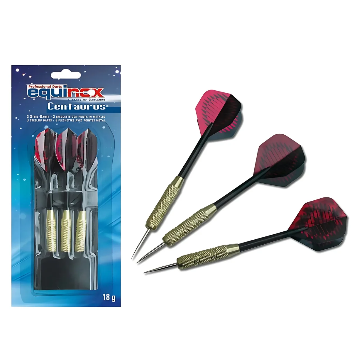 Dartpakket met darts. Drie darts naast het pakket. Rood en zwart.