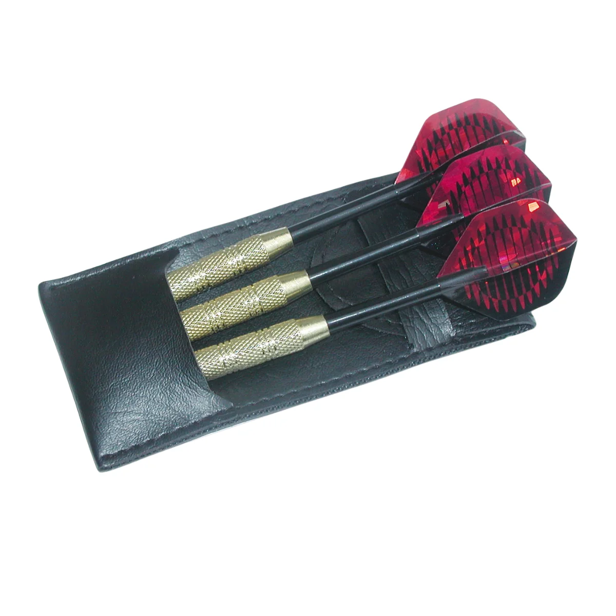 Drie darts in een zwarte etui met rood-zwarte flights.