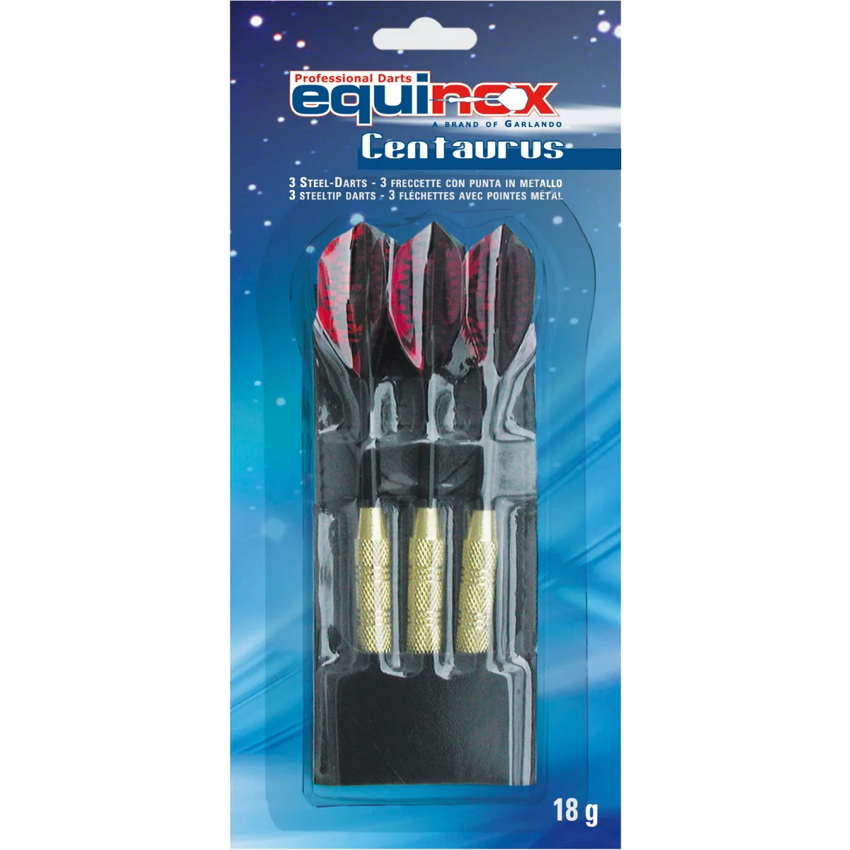 Verpakking darts met rode en zwarte veren. De darts zitten in een doorzichtige plastic hoes. Merk: equinox.
