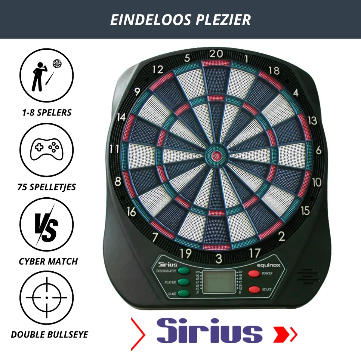 Dartboard with icons for players and cyber match. Text: EINDELOOS PLEZIER. Logo: Sirius.