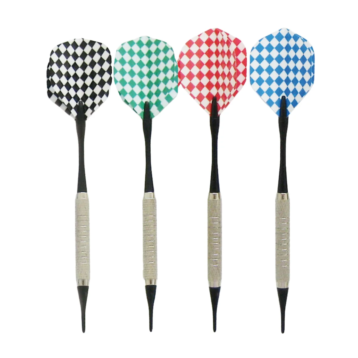 Vier darts met verschillende patronen: geblokt, groen, rood en blauw.