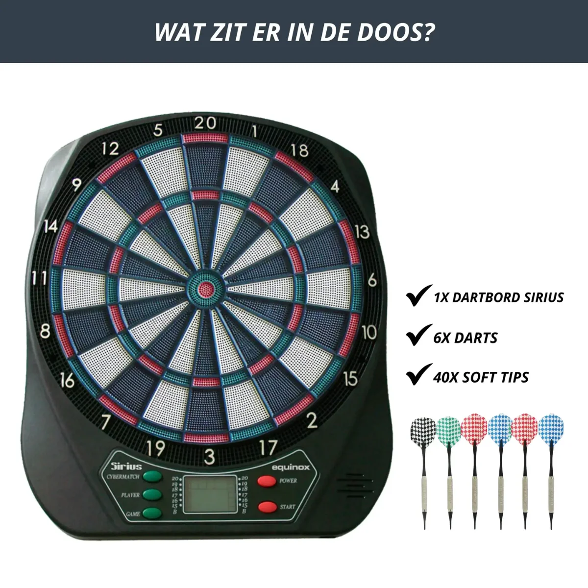Dartboard with darts and accessories. The board is black with a colorful target and the Sirius Cybermatch name.