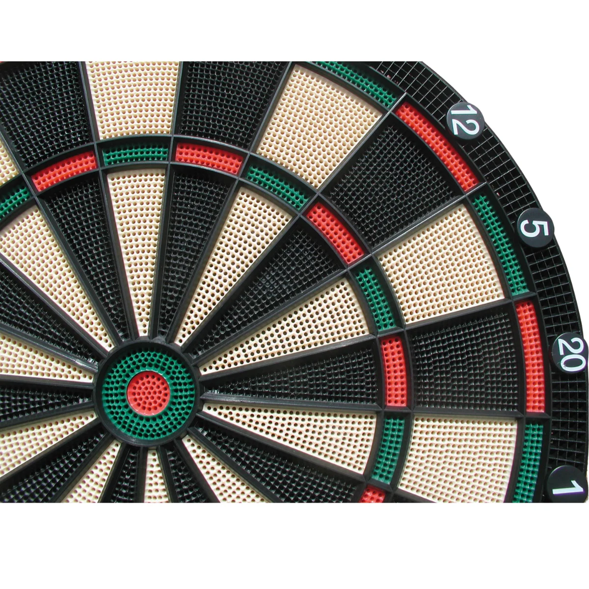 Dartboard with black, beige, green, and red sections, and numbers around the edge.