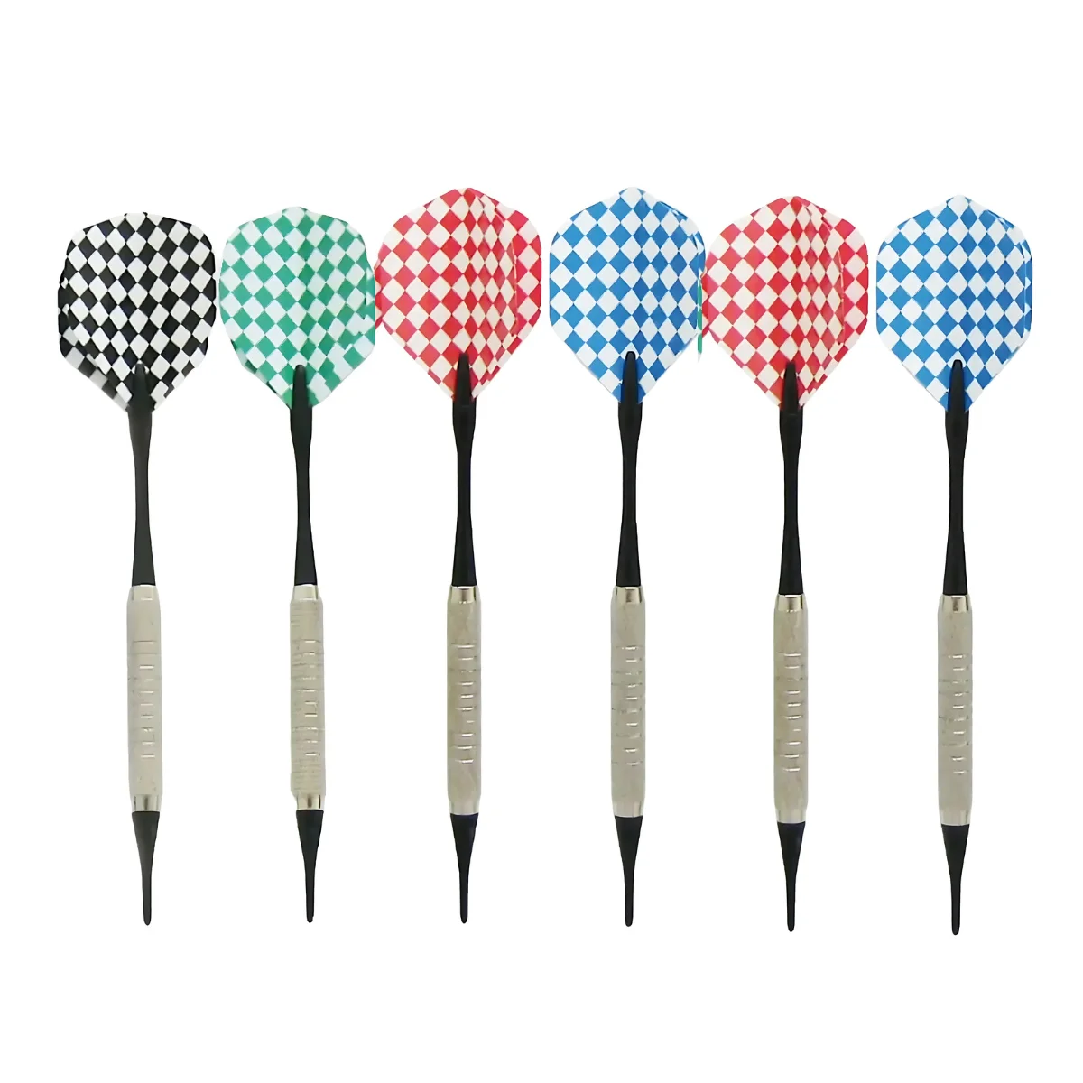 Six darts with patterned flights in black, green, red, blue, and two red and blue.