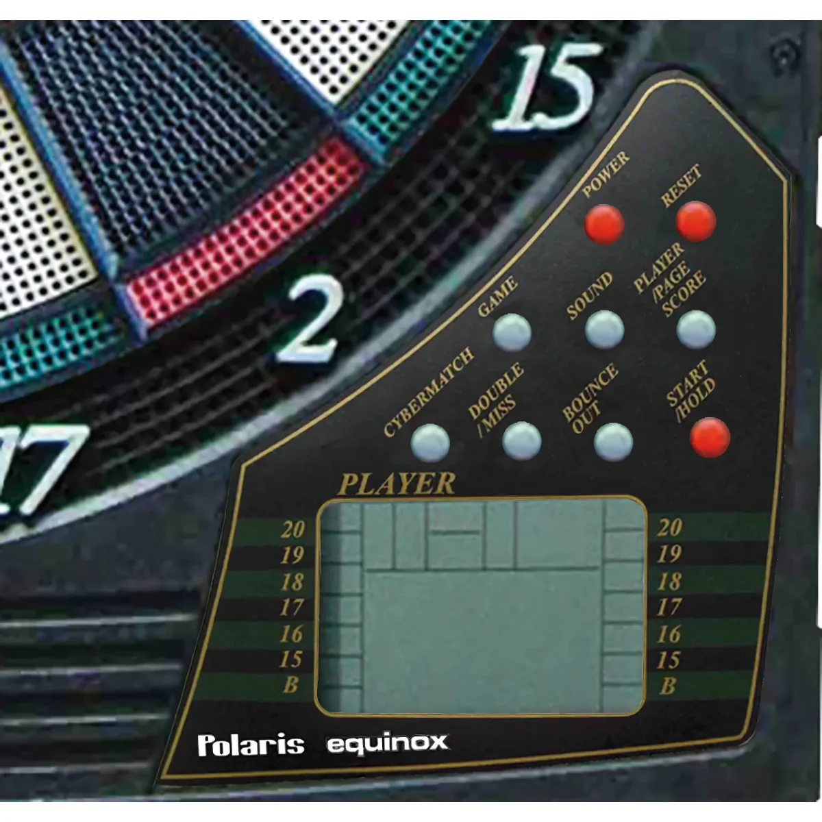 Close-up of a dartboard's control panel with buttons and a display. Numbers are visible.