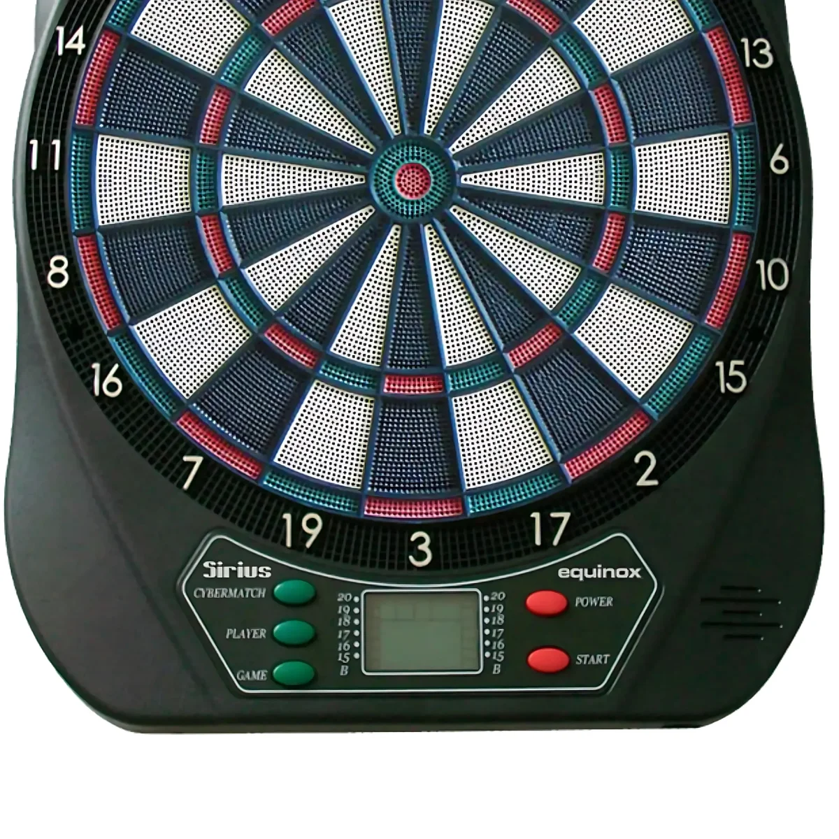 A digital dartboard with numbers, lights, and buttons. The background is white.