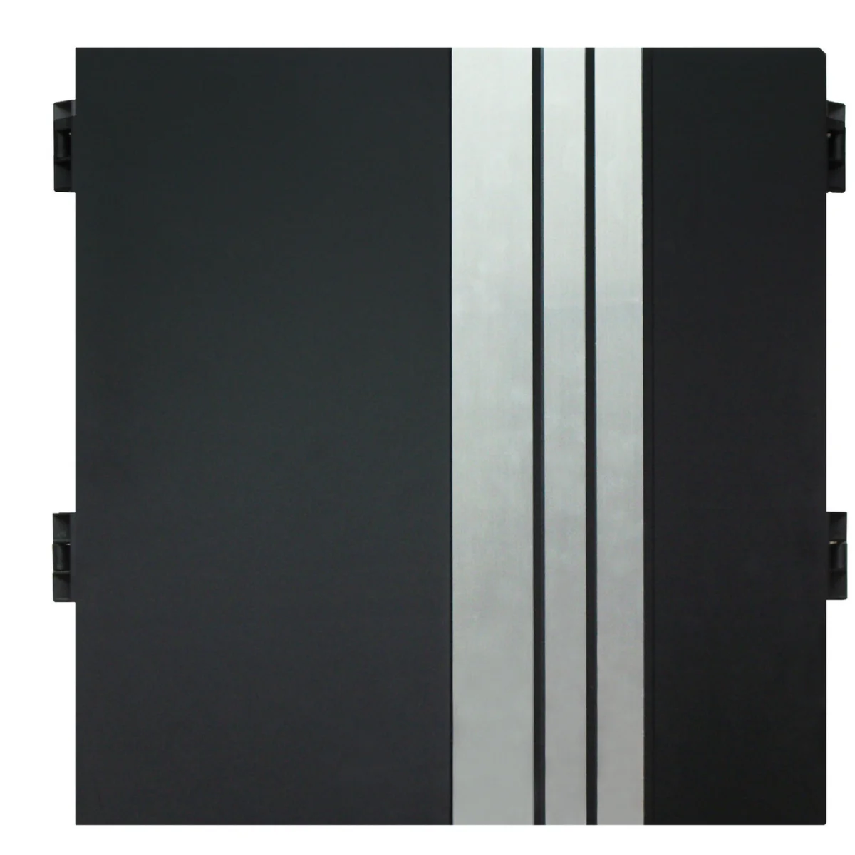 Black door panel with three silver vertical stripes. The panel has black hinges on each side.