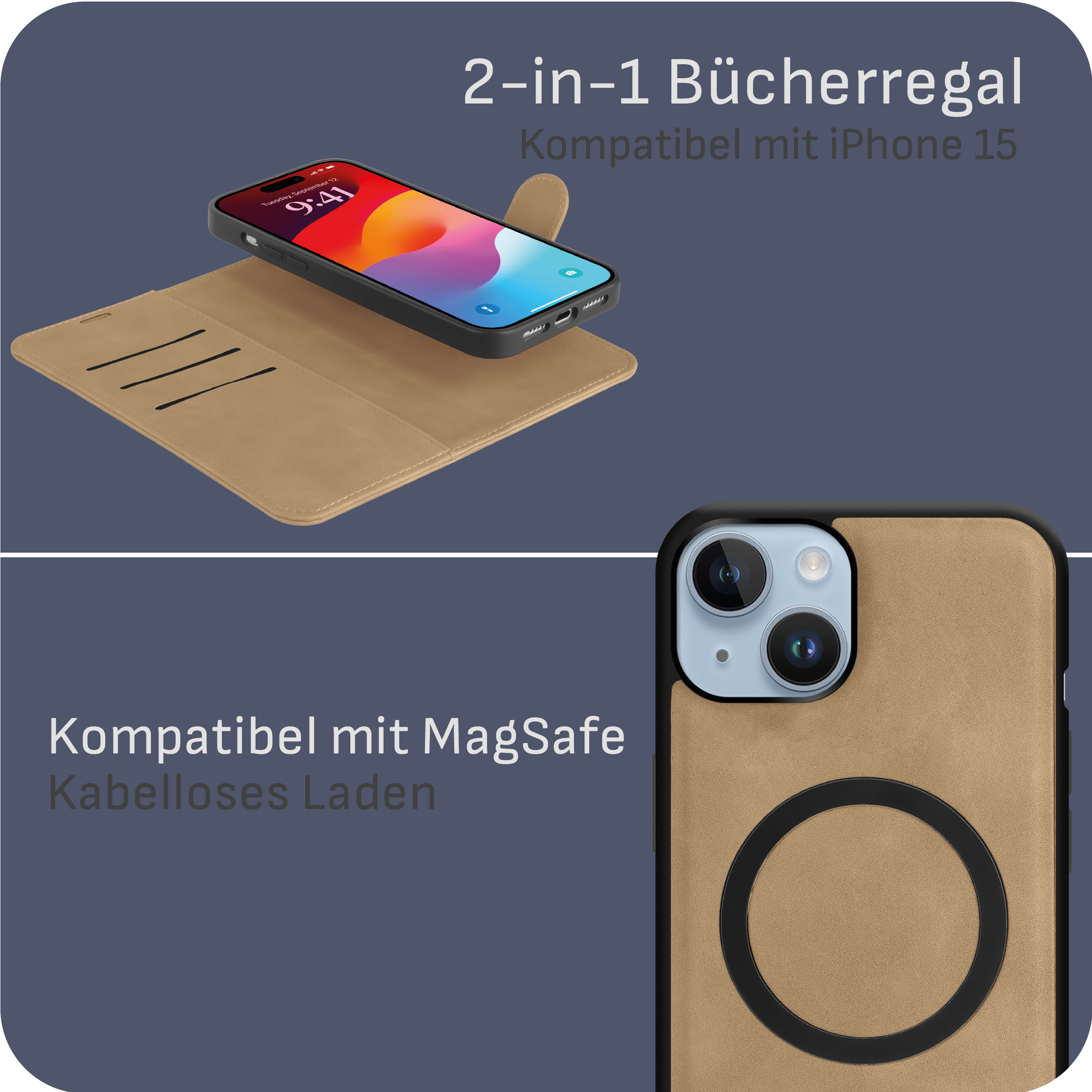 Handyhülle mit Telefon, zeigt ein Buch und einen MagSafe-Kreis.