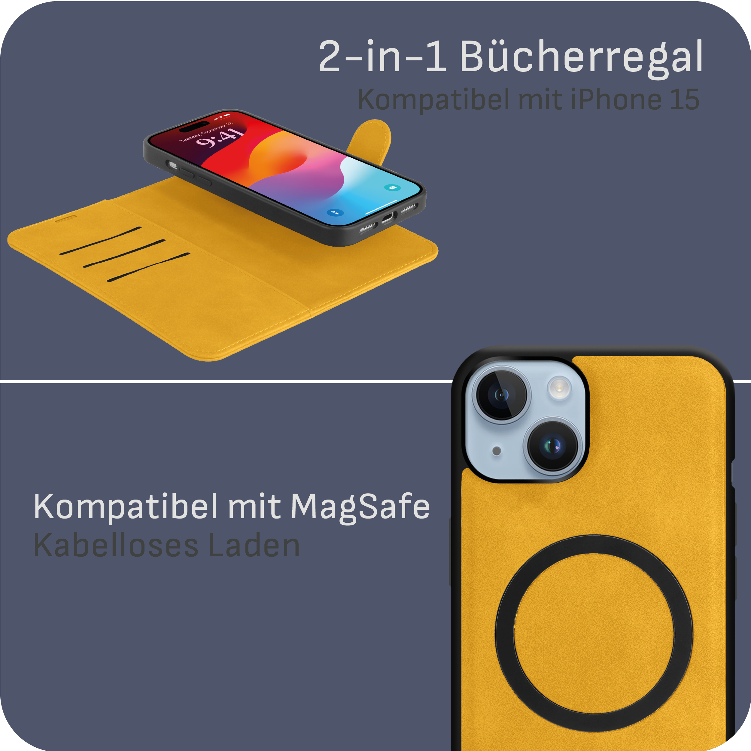 Eine gelbe Handyhülle mit einem Handy darin, das einen Startbildschirm zeigt. Funktionen sind links gezeigt.