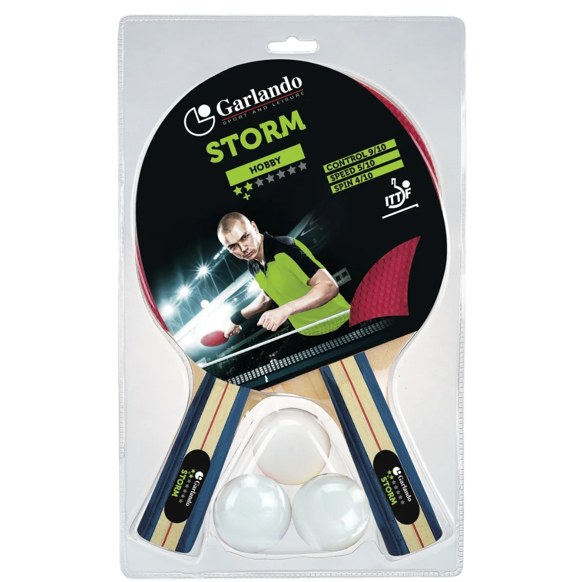 Table tennis set with two paddles, three balls and a plastic wrapping, on a white background.