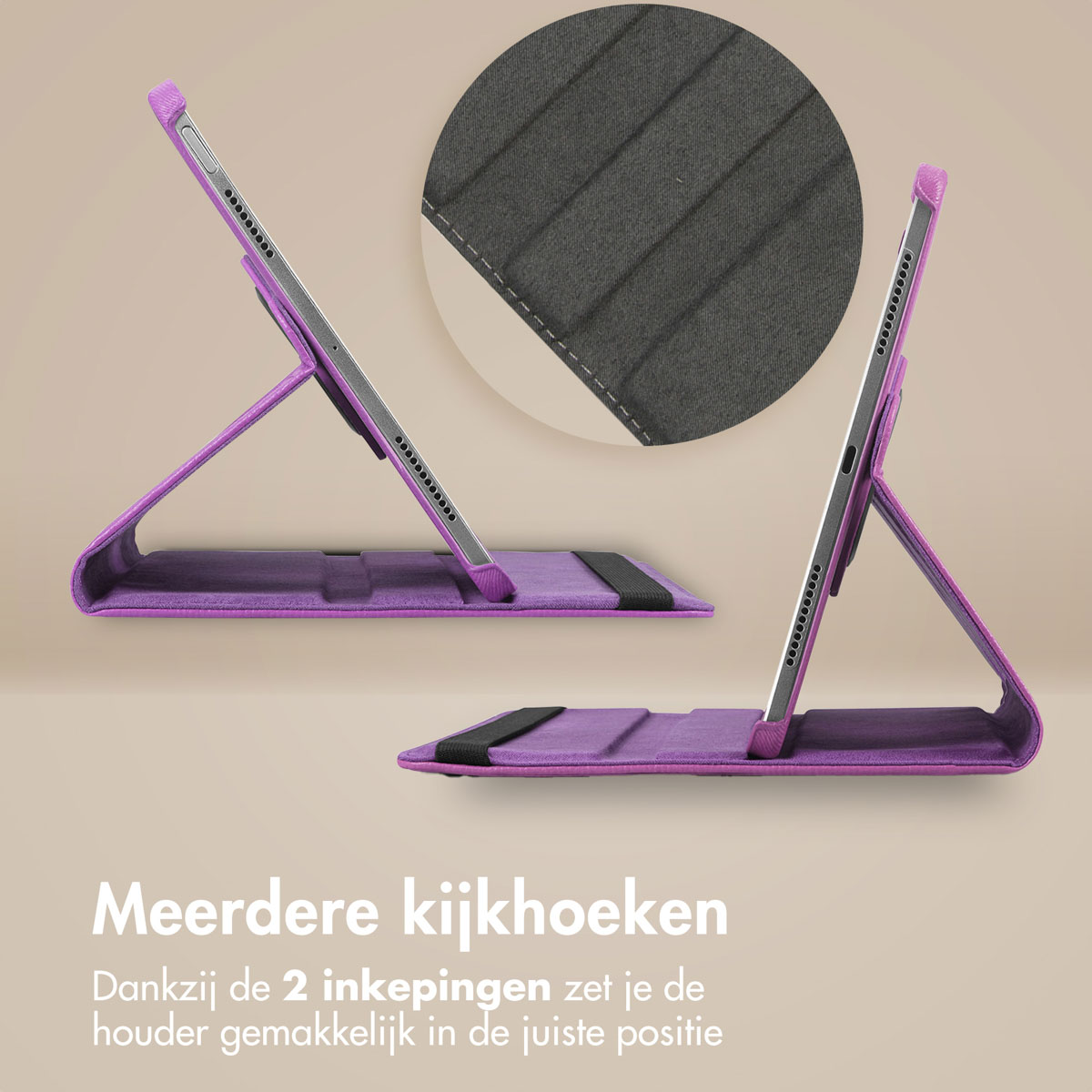 Two tablets in a purple case are angled to show multiple viewing angles. The background is light.