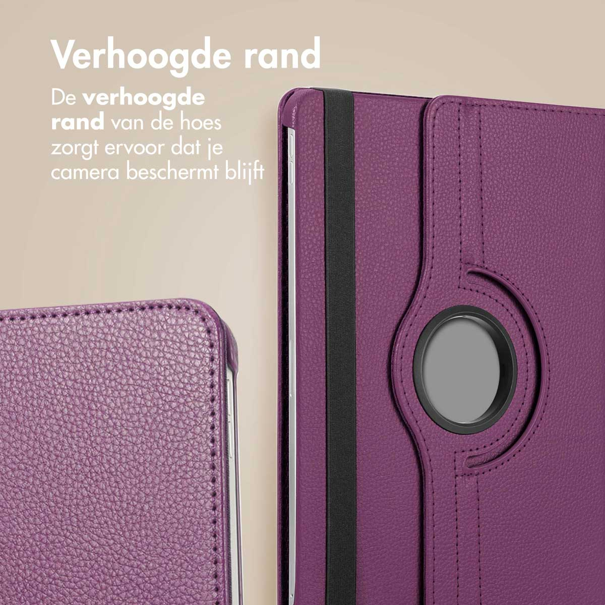 A close-up of a purple tablet case. The case has a raised edge. Text at the bottom says, “Verhoogde rand.”