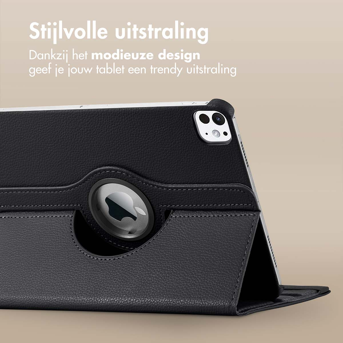 Black tablet case with a black elastic band. The case shows a trendy design. Tablet is in the case.