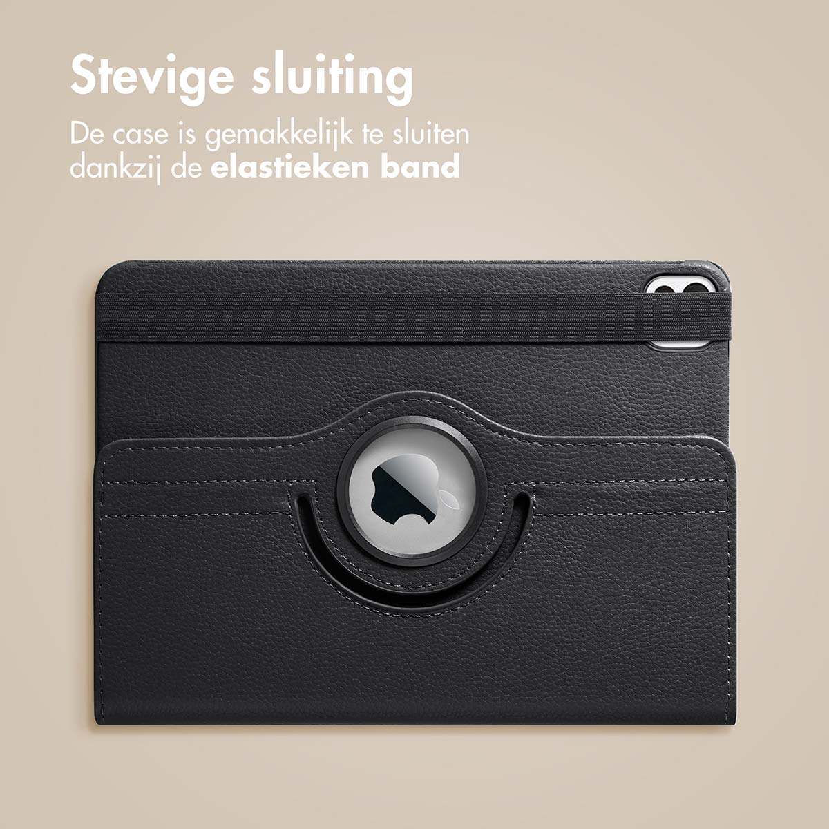 Black tablet case with an elastic band and a circular logo.