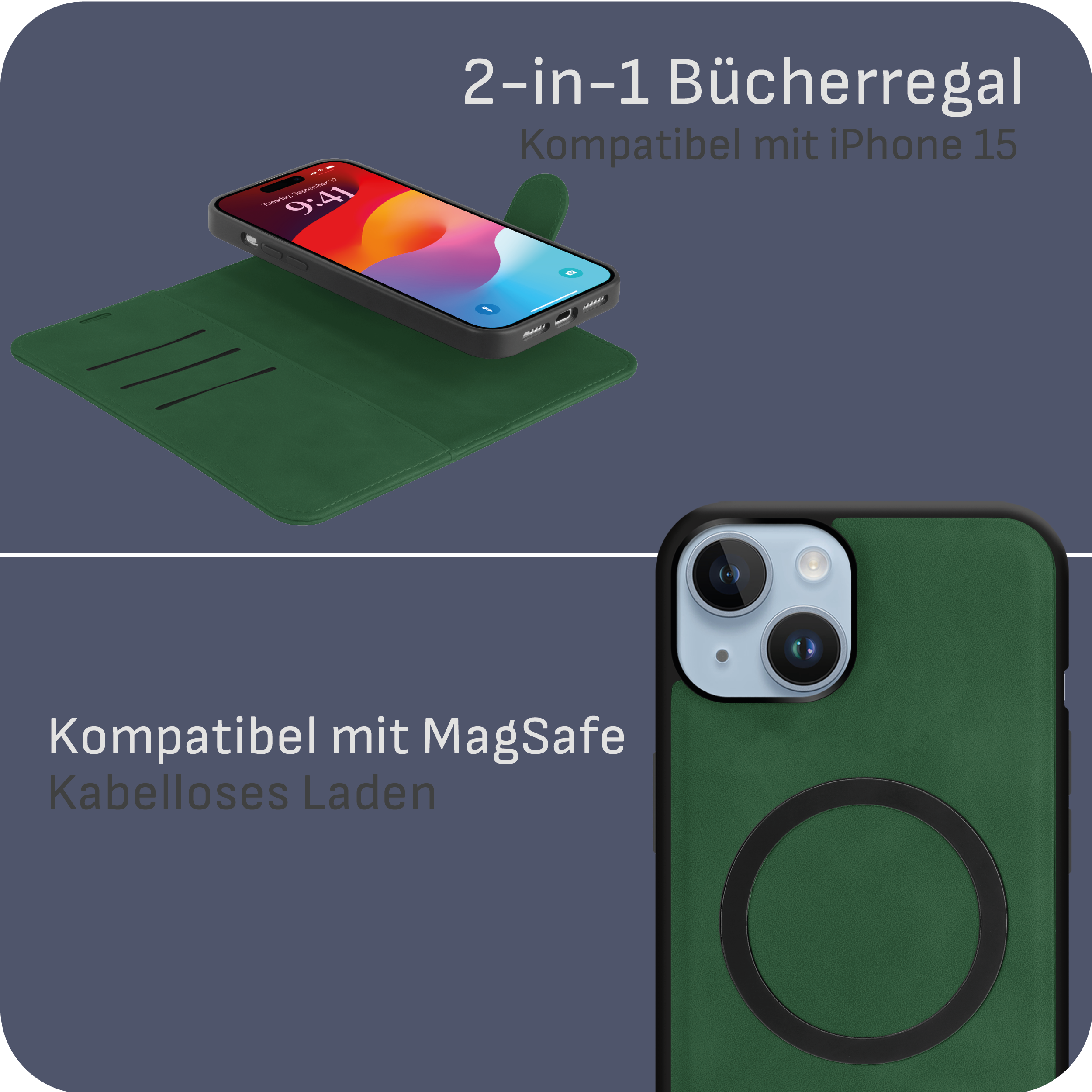 Grüne Handyhülle mit iPhone und MagSafe-Funktionen. 2-in-1-Bücherregal-Design.