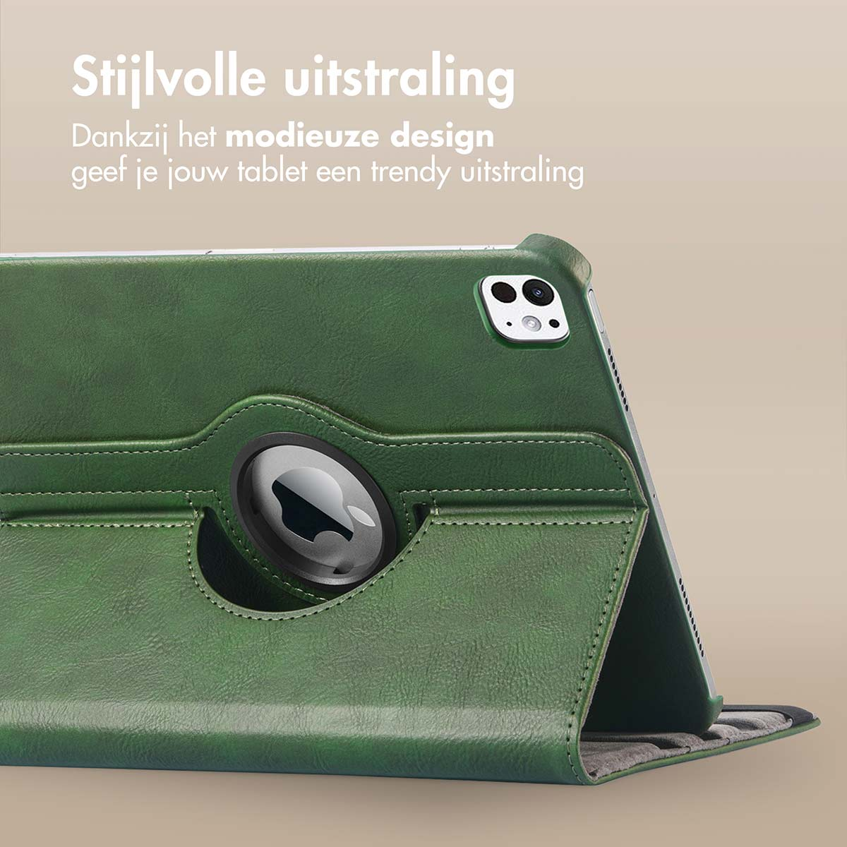 Groene tablethoes met een tablet en een opvouwbaar ontwerp, met een ronde camera-uitsparing.