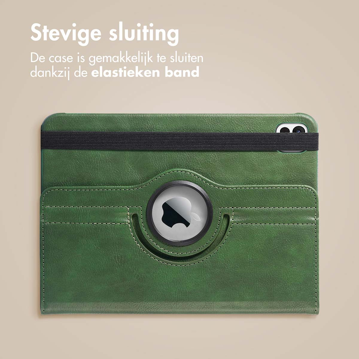 Groene tablethoes met zwarte elastische band. Tekst: Stevige sluiting. Hoes is van leer.