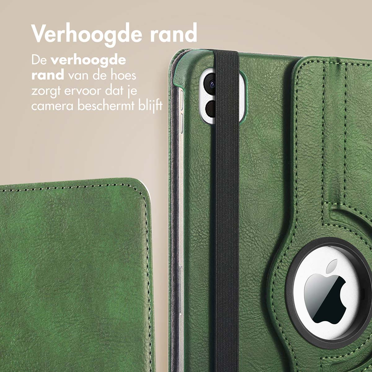 Groene leren hoes voor een telefoon, camera zichtbaar, met een zwarte elastische band.