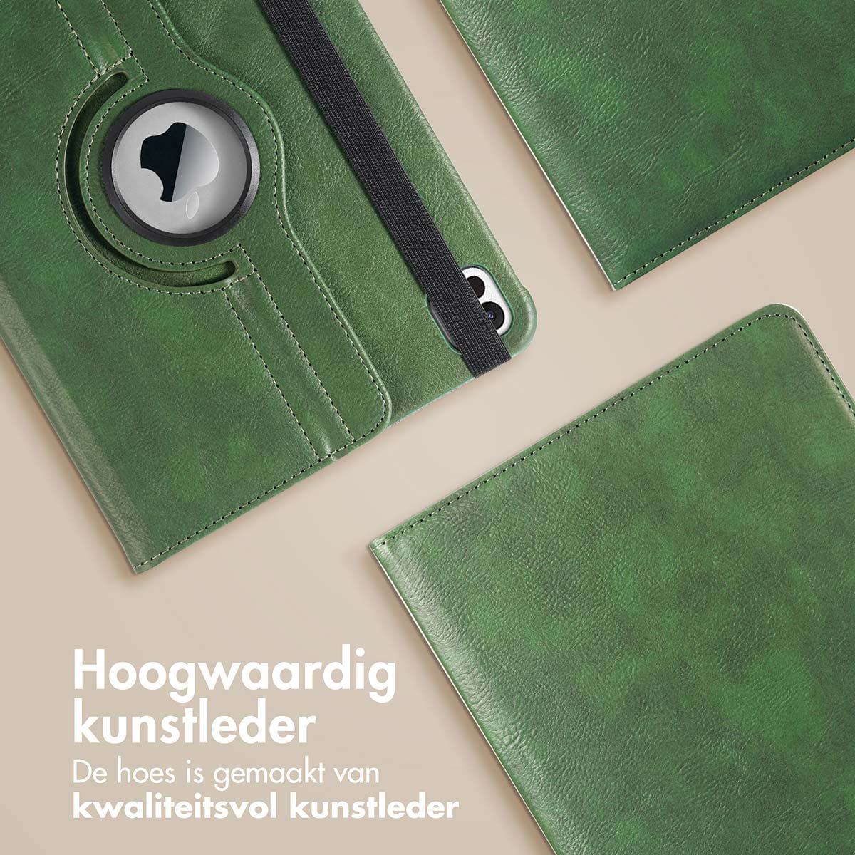 Groene tablethoes met een zwarte elastische band. Verschillende secties zijn zichtbaar.