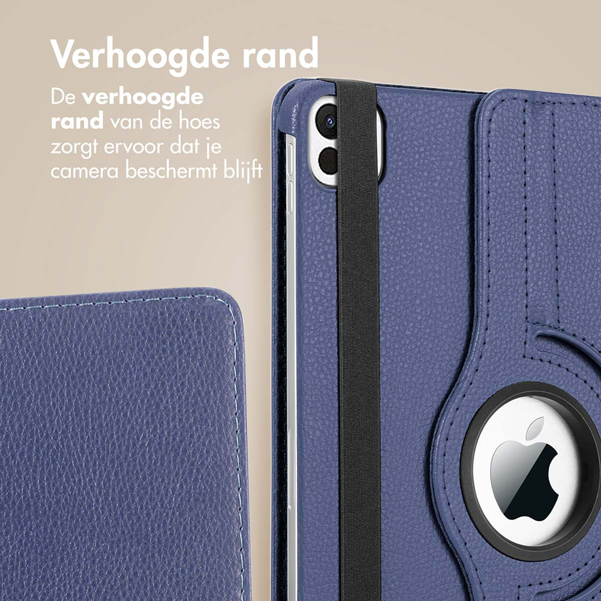Blauwe tablethoes met verhoogde rand en Apple-logo. Tekst: Verhoogde rand. Beschermt camera.
