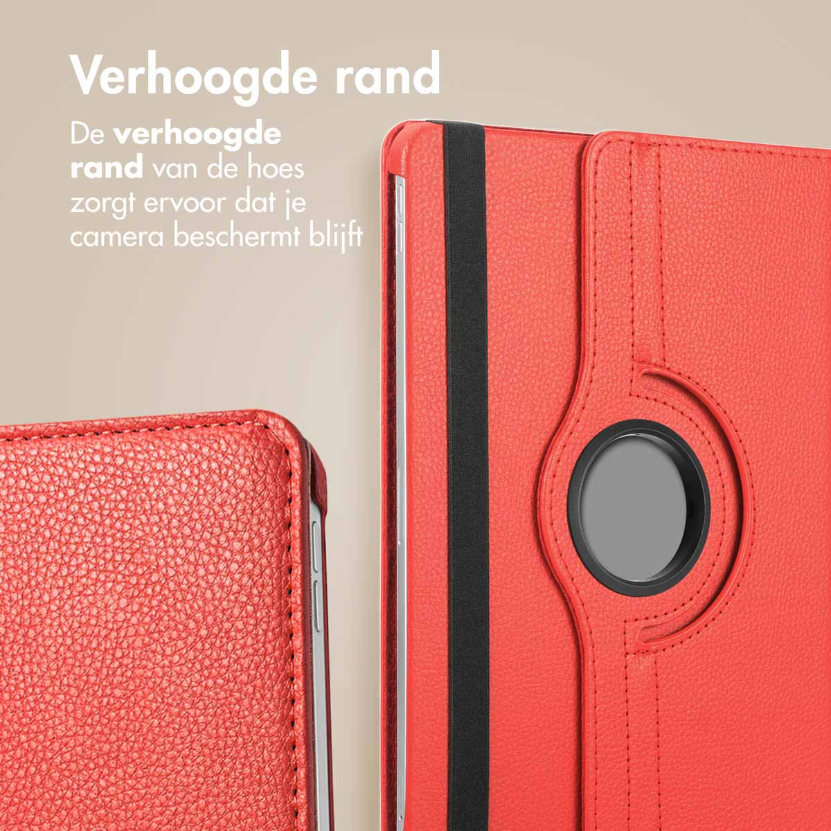 Red tablet case with a black band. The case has a circular cutout for the camera.
