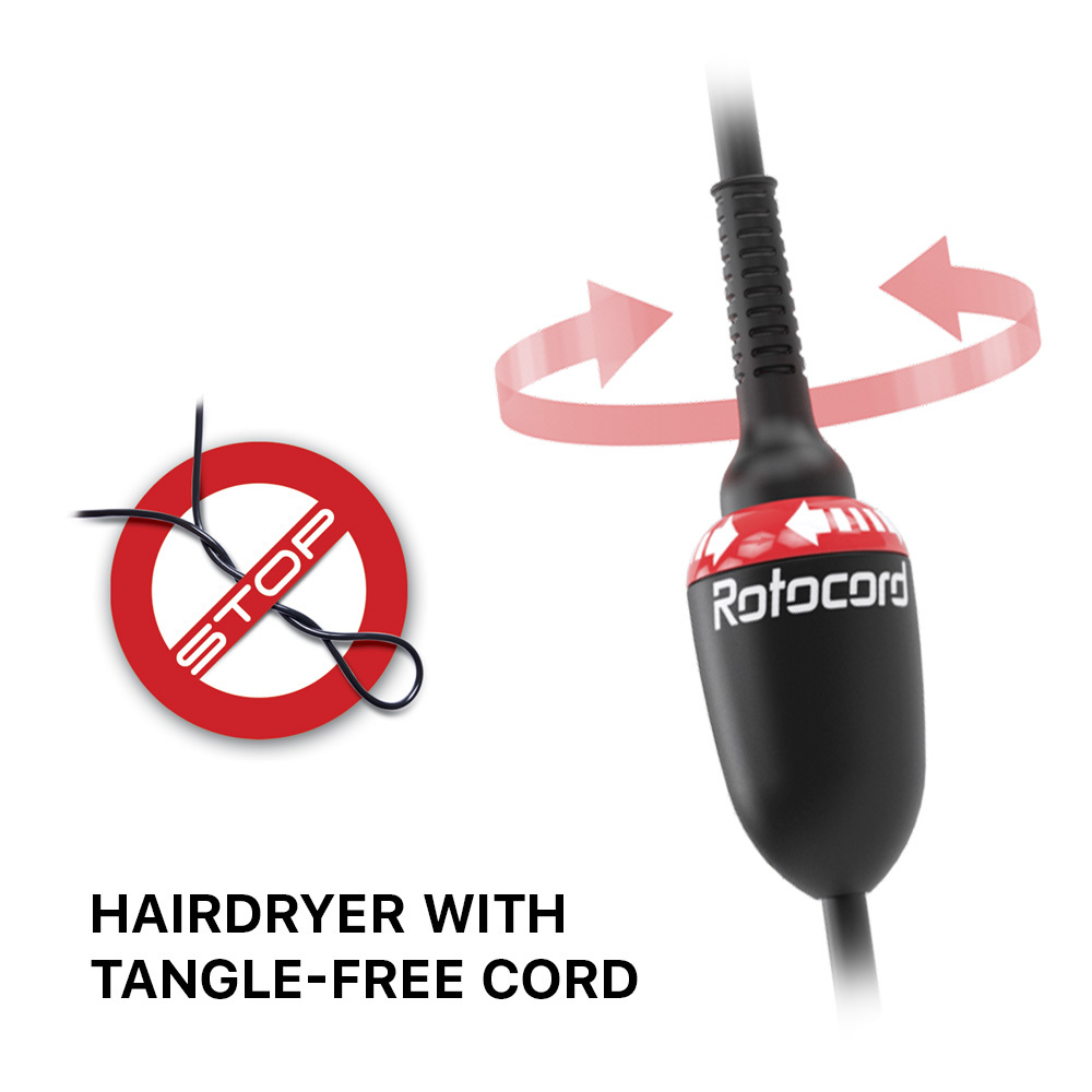 Suszarka do włosów z kablem bez splątania. Czerwony znak Stop, kabel z obrotową sekcją. Strzałki wskazują obrót.