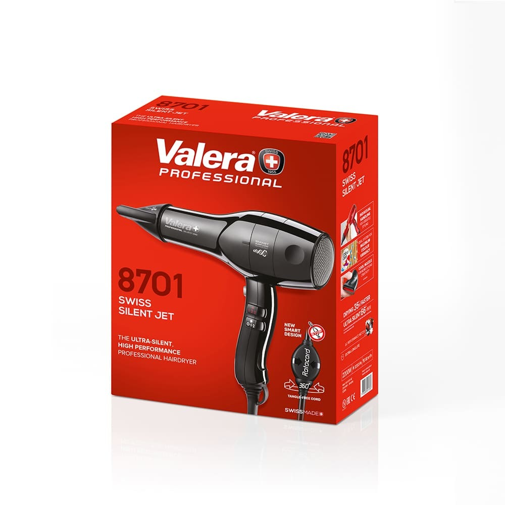 Czerwone i białe pudełko z czarną suszarką do włosów i tekstem. Pudełko jest dla Valera Swiss Silent Jet 8701.