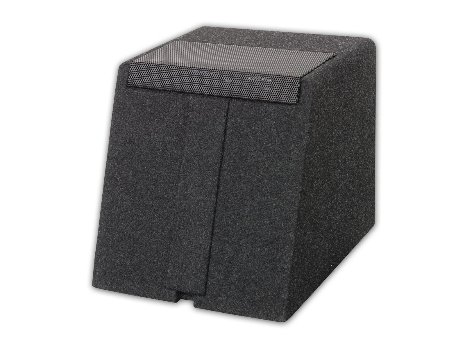 Eine dunkelgraue Lautsprecherbox mit schräger Front und einem Mesh-Top.