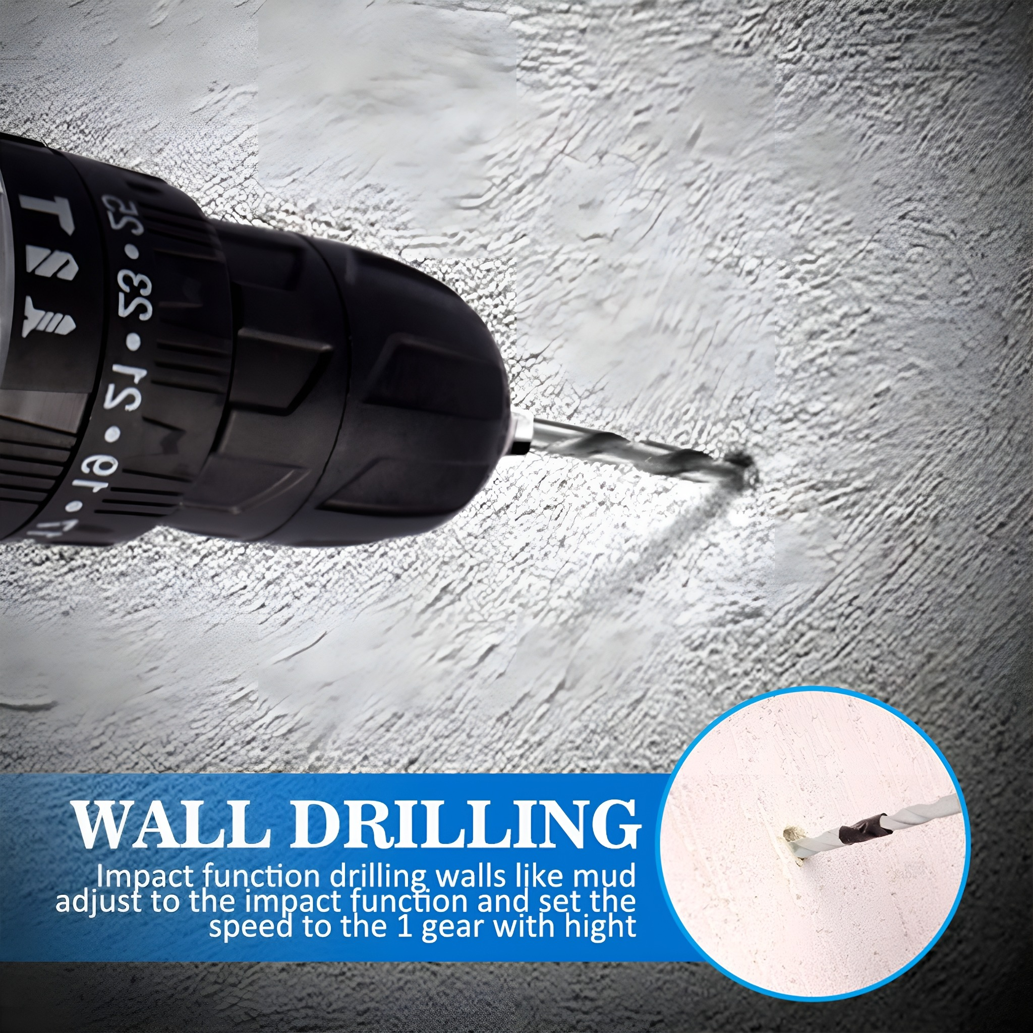 Bohrer bohrt in eine Wand. Text-Overlay sagt 'Wall Drilling'.