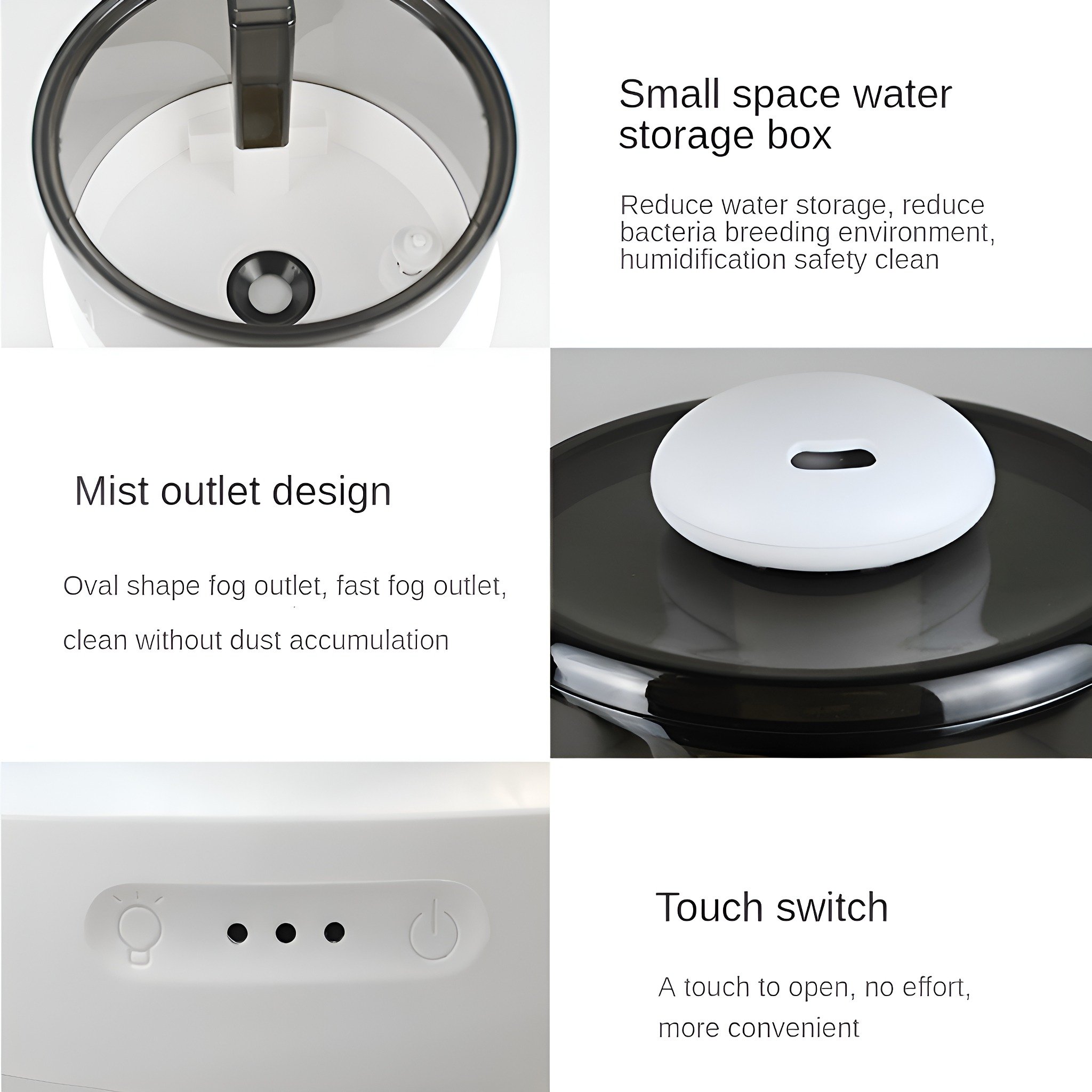 Eine Collage von Bildern, die das Design des Nebelauslasses und die Wasserspeicherbox eines Luftbefeuchters erklären.