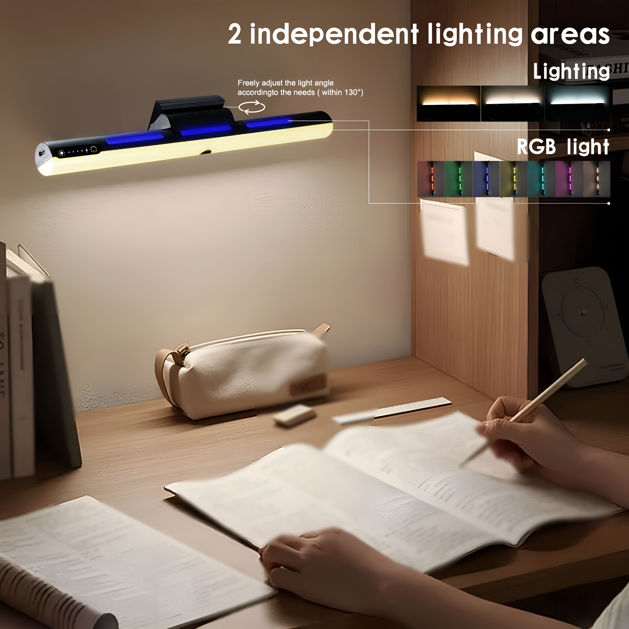 Schreibtisch mit Lampe, Büchern und Bleistift. Die Lampe hat zwei Beleuchtungsbereiche und RGB-Optionen.
