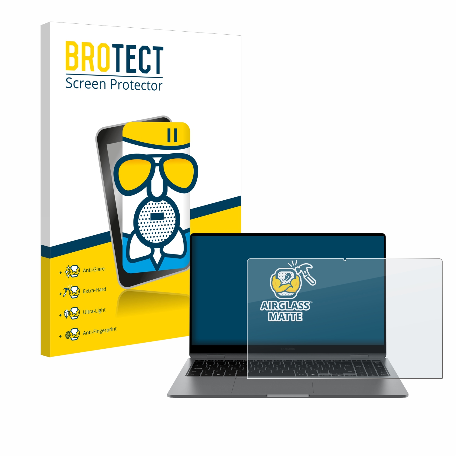 Ein Laptop mit Displayschutzfolie und einer 3er-Pack Displayschutzfolienbox. Der Displayschutz befindet sich auf dem Laptop.