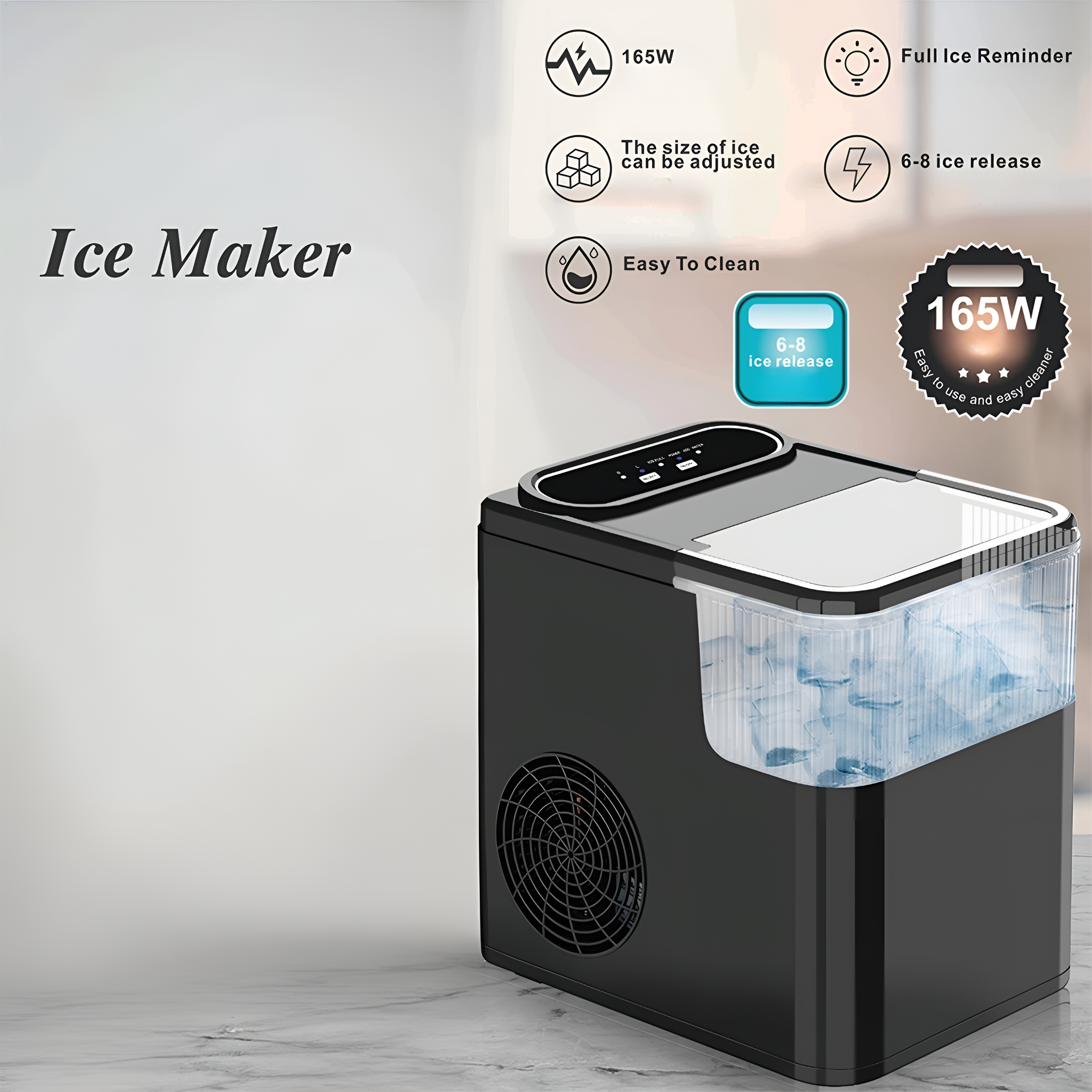 Schwarzer Eisbereiter mit Text und Symbolen. Zeigt Eisfreisetzung, Größenverstellbarkeit und Reinigung.