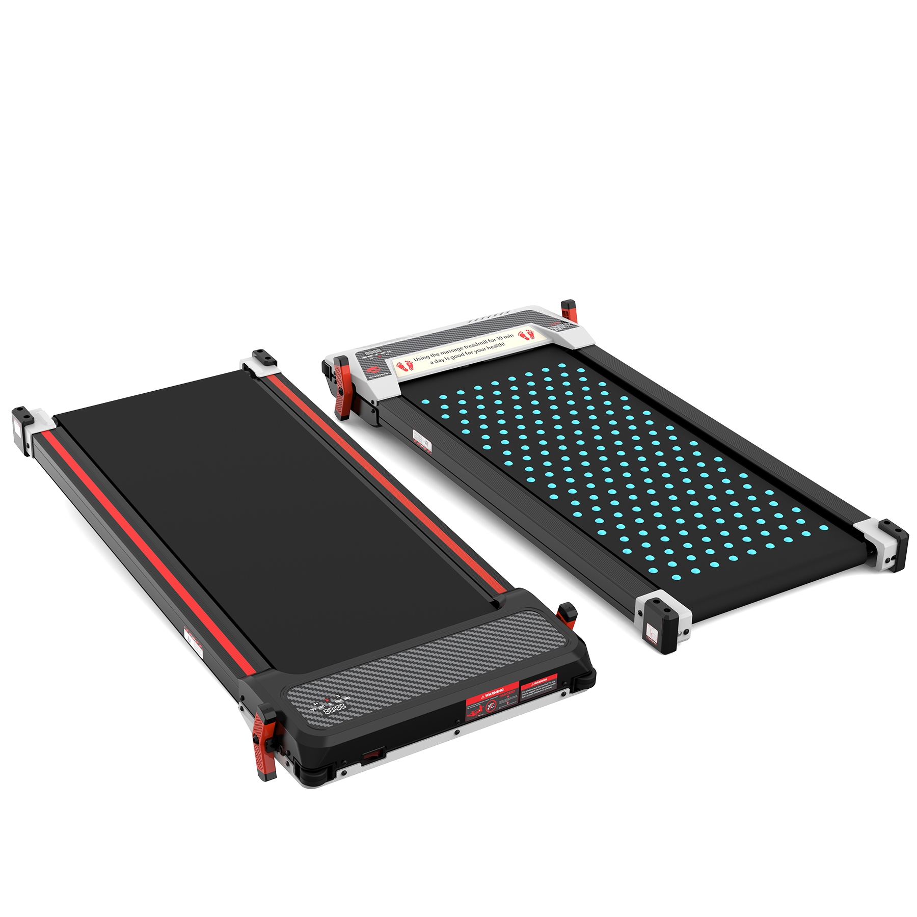 Two treadmills. One is black with red accents, the other has blue lights on the surface.