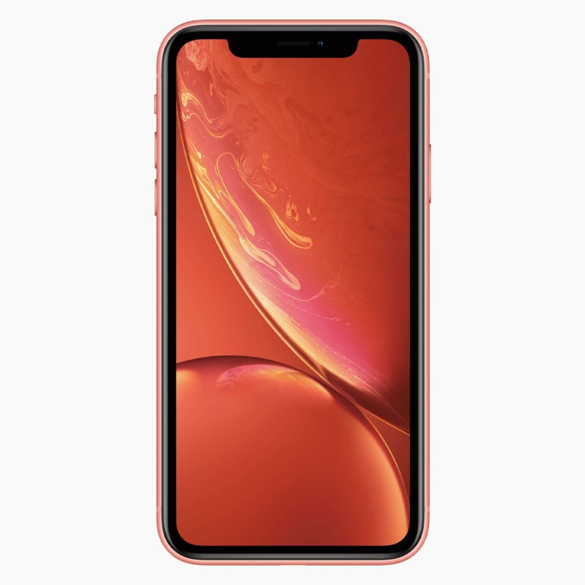 Een koraalroze iPhone XR. Het scherm toont een abstract oranje en geel ontwerp. De telefoon heeft een zwarte rand en een koraalroze frame.