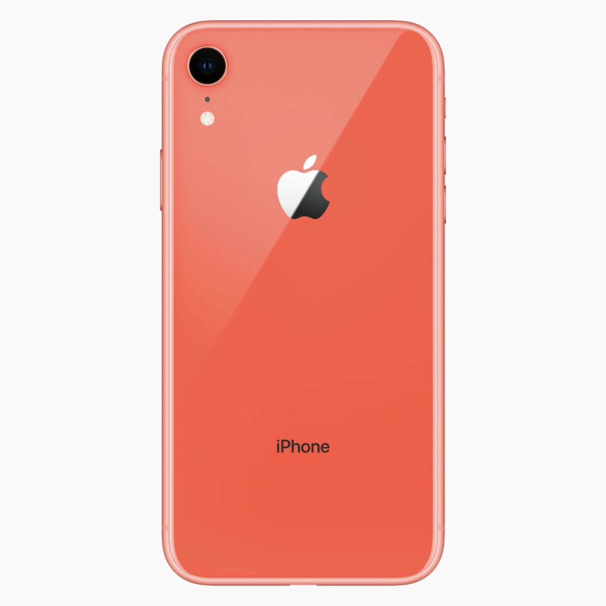 Dos d'iPhone XR corail. Caméra et flash en haut à gauche. Logo Apple au centre. 'iPhone' en bas.