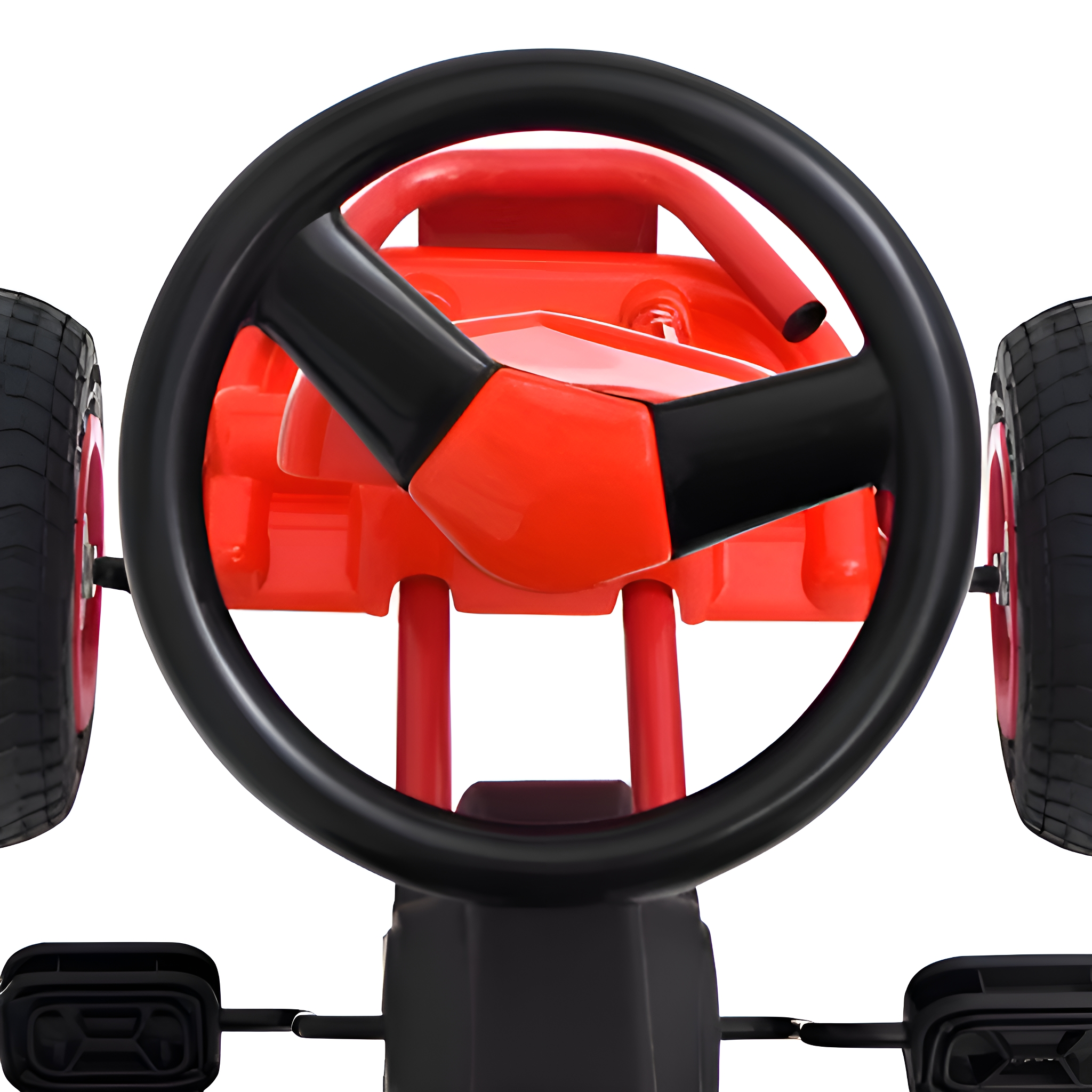 Draufsicht auf ein rotes Go-Kart-Lenkrad. Schwarzes Lenkrad und Reifen sind ebenfalls sichtbar.