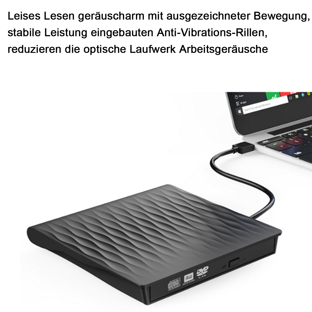 Schwarzes DVD-Laufwerk mit angeschlossenem Laptop. Laptop-Tastatur sichtbar. Text auf Deutsch oben im Bild.