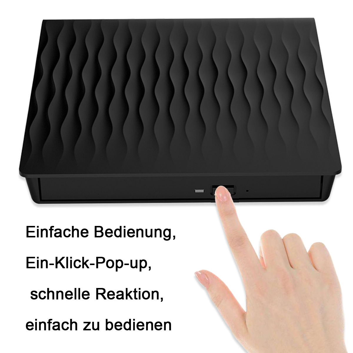Ein schwarzes Gerät mit einer Hand, die eine Disc einlegt. Text auf Deutsch wirbt für Benutzerfreundlichkeit.