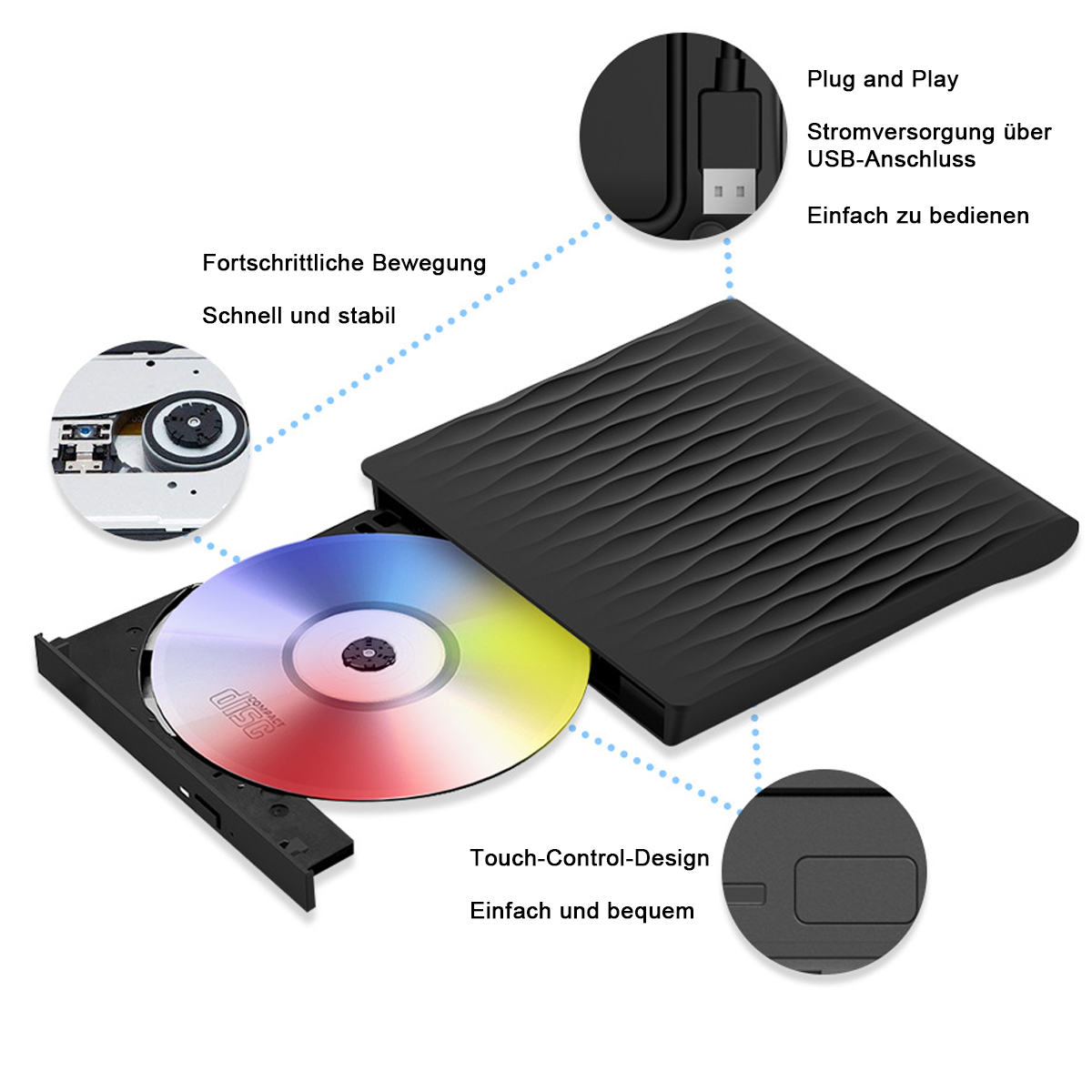 Schwarzes externes CD/DVD-Laufwerk mit bunter Disc und Details.