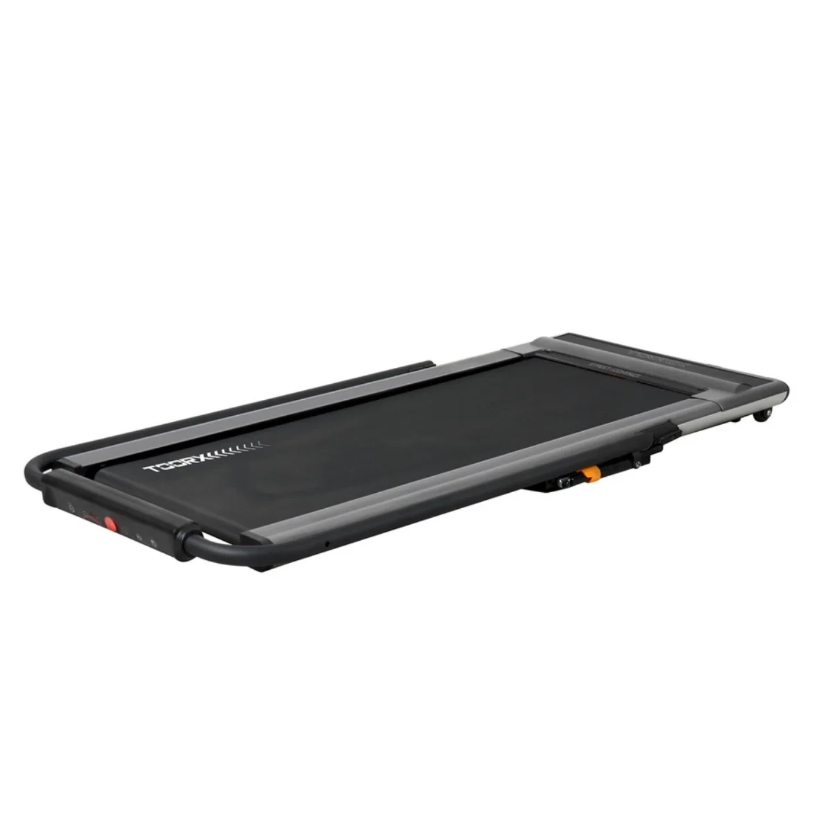 A foldable treadmill with a black running surface and gray side rails. It is on a white background.