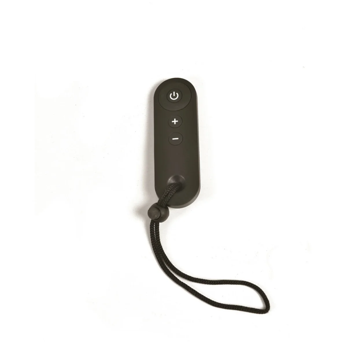 A black remote control with a power button, volume controls, and a lanyard. It is on a white background.