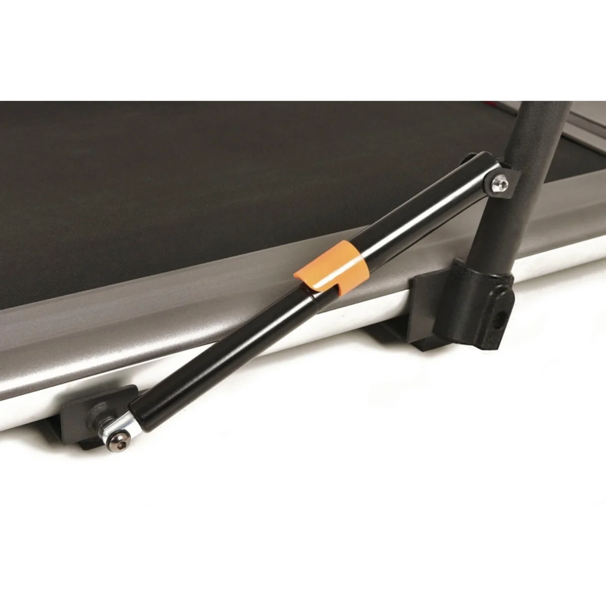 Part of a treadmill with a black support and orange detail.