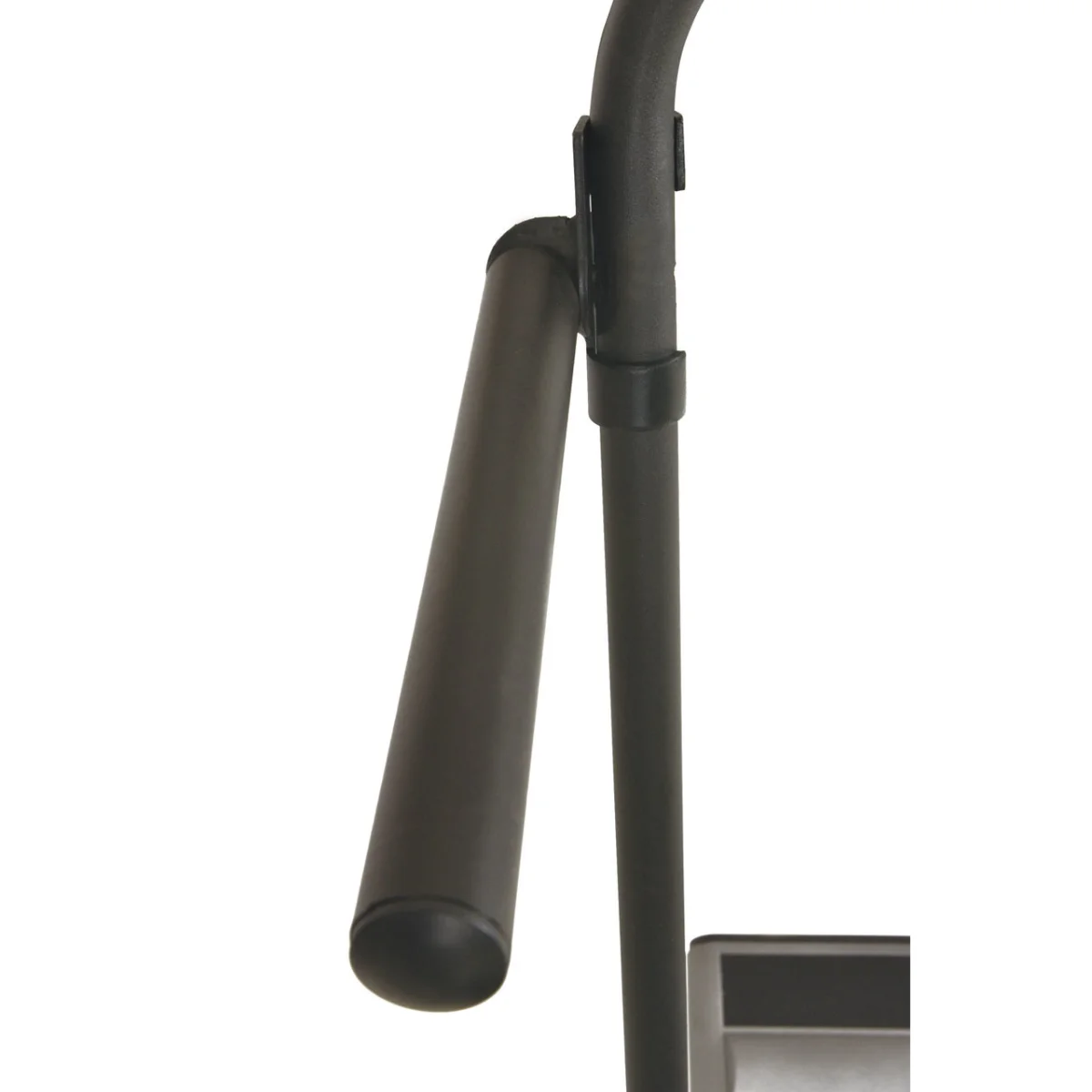 Close-up of a black and gray treadmill handle, isolated on white.